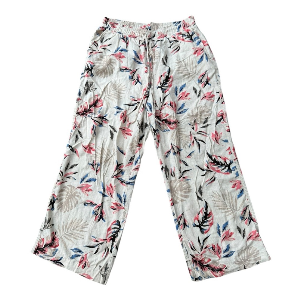 Women’s Wide Leg Floral Print Linen Pants Cream Blue Pink Pull On Drawstr…